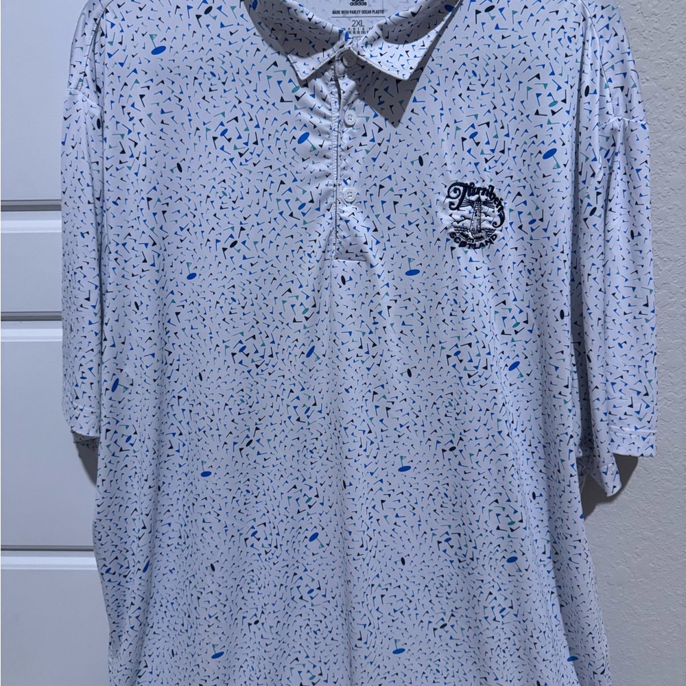 Adidas White and Blue Patterned Polo Shirt